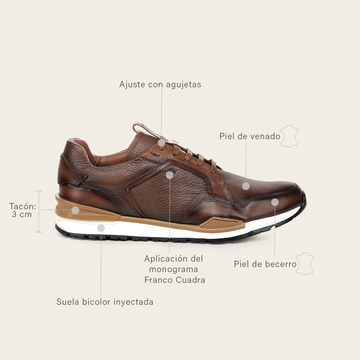 Tenis en piel genuina de venado para caballero