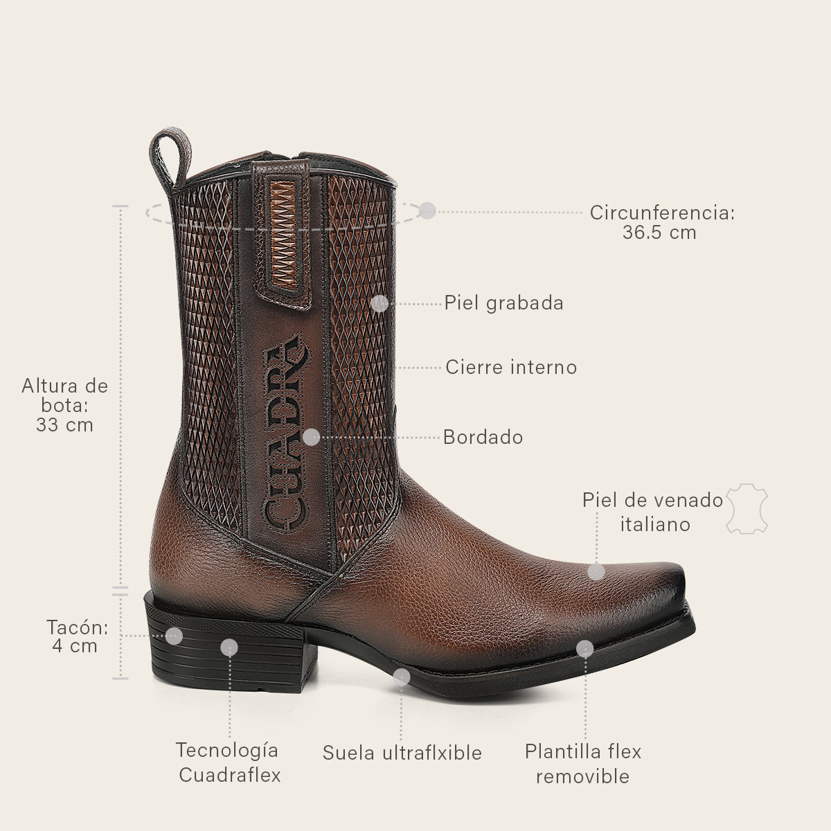 Bota urbana en piel genuina de venado italiano para caballero