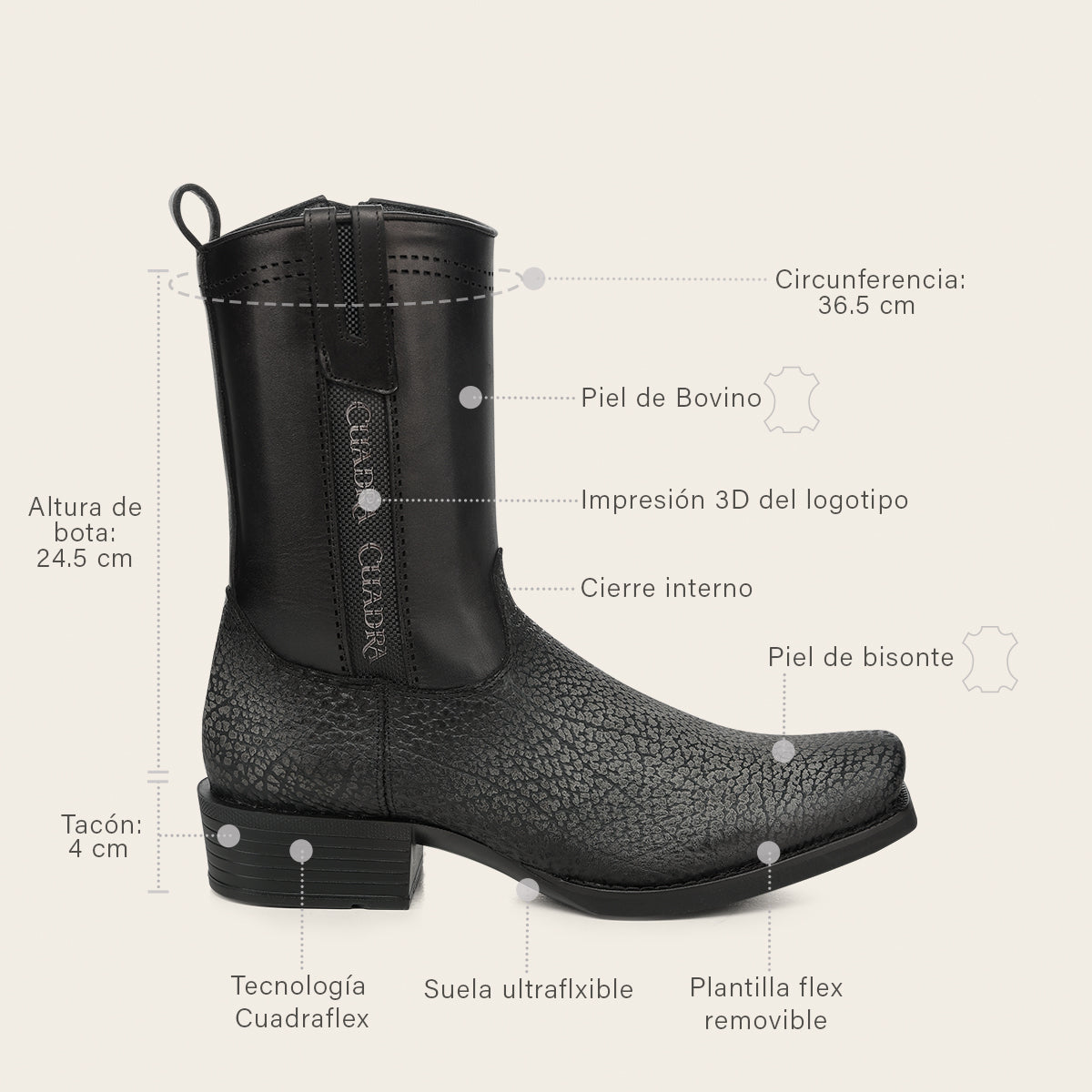 Bota urbana en piel genuina de bisonte para caballero