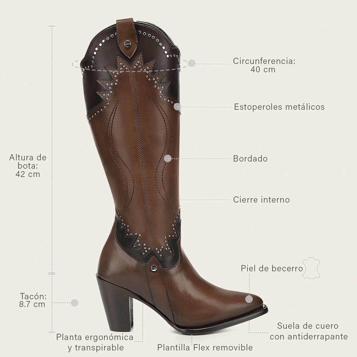 Bota tradicional en piel genuina de becerro para dama