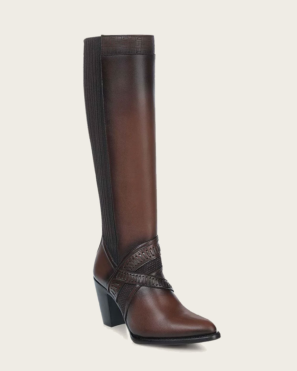 Bota alta en auténtica piel bovina color café con detalles en tejido