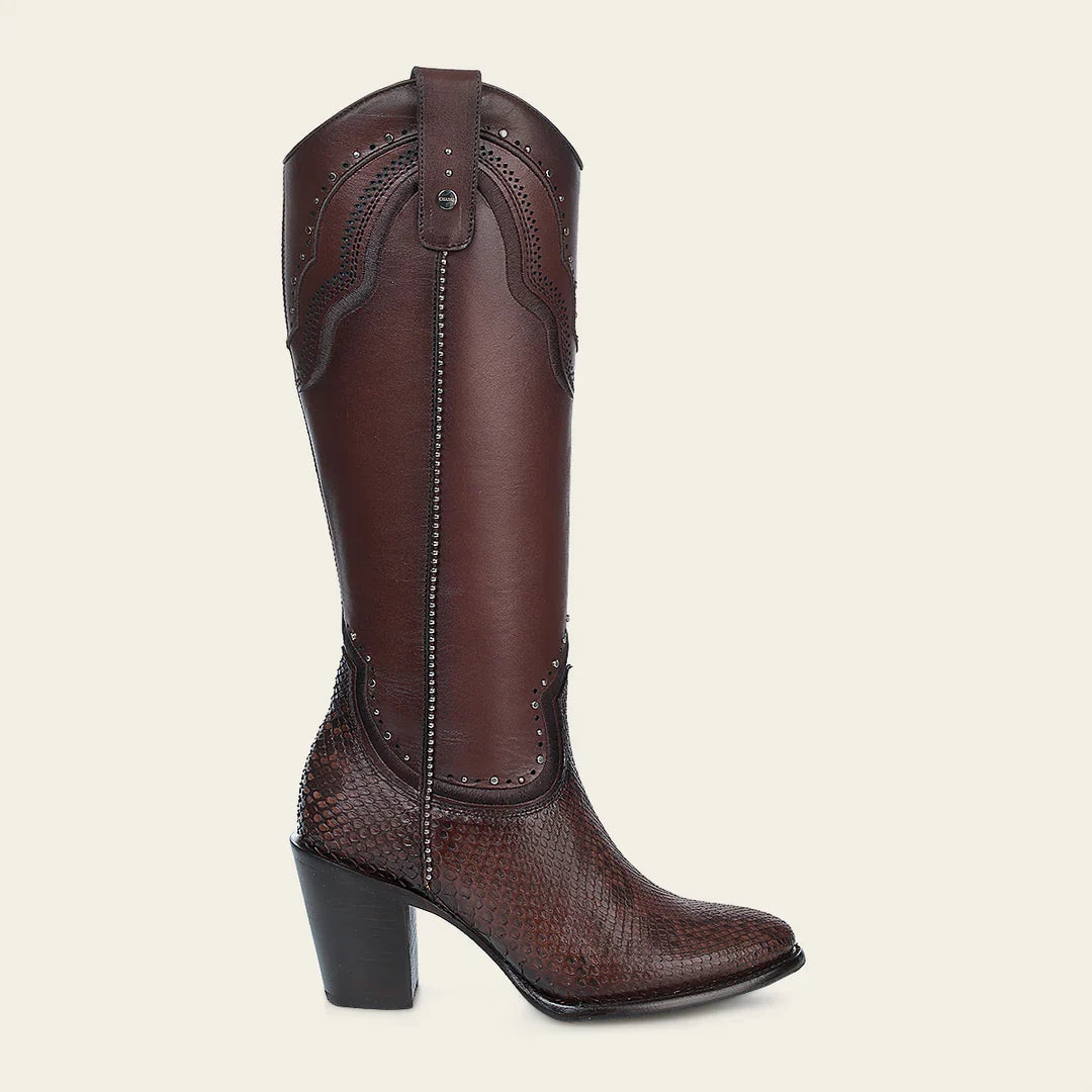 Botas vaqueras para mujer de piel de pitón en color chocolate