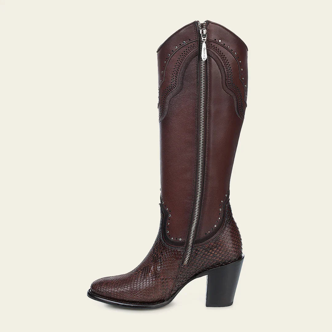 Botas vaqueras para mujer de piel de pitón en color chocolate
