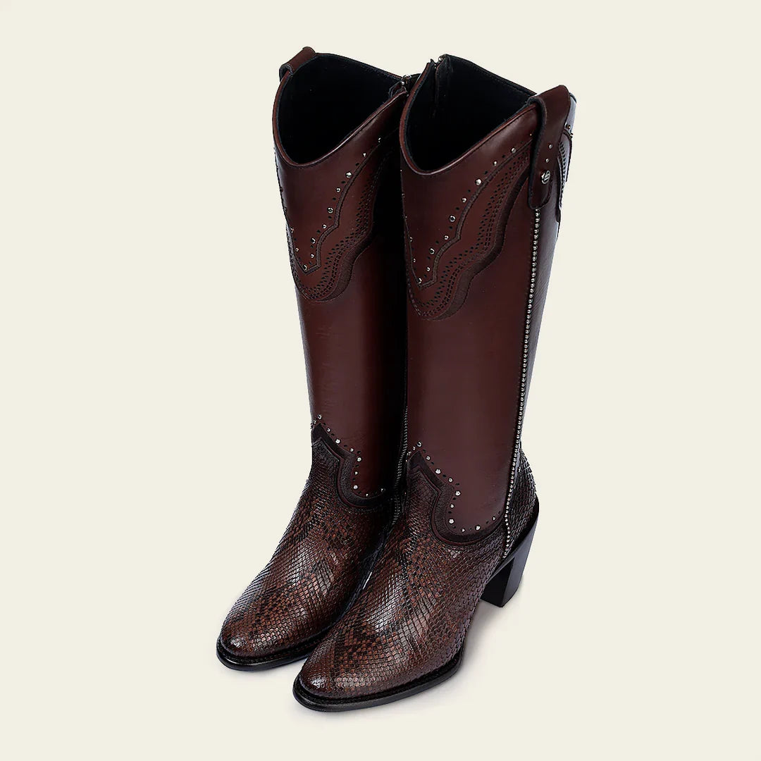 Botas vaqueras para mujer de piel de pitón en color chocolate
