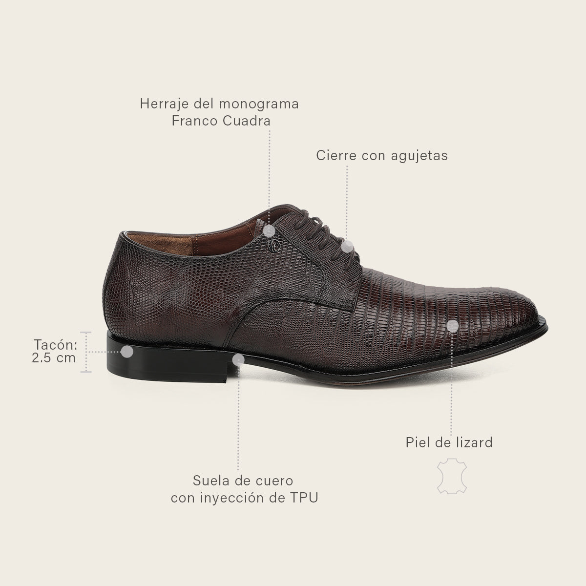 Zapato de vestir tipo Derby "Franco Cuadra Signature" en piel genuina de lizard