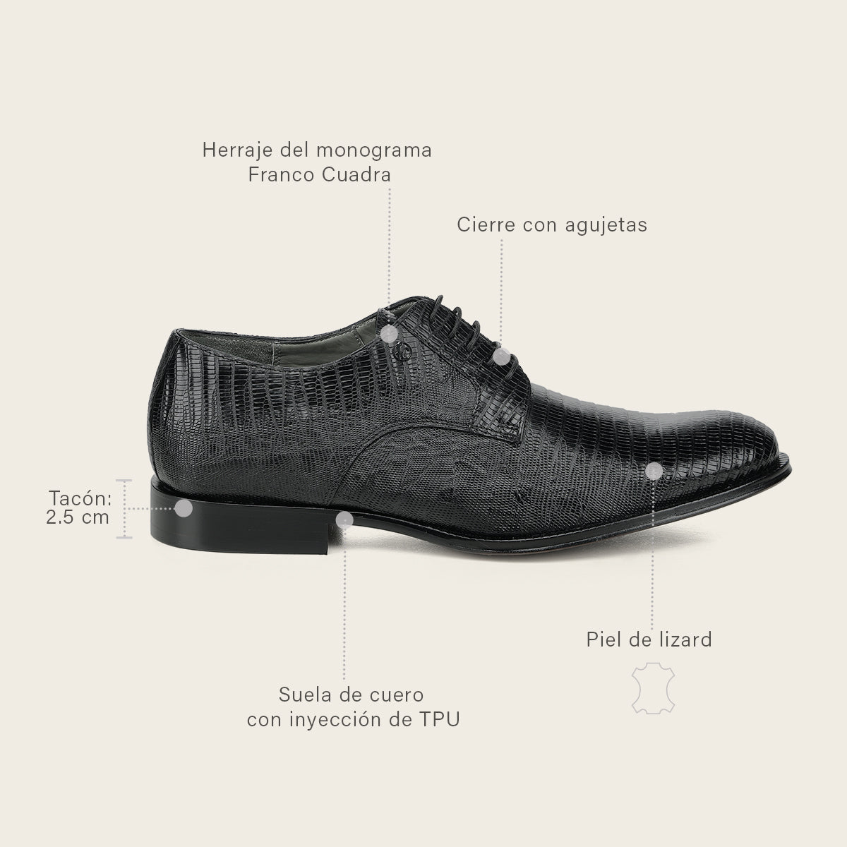 Zapato de vestir tipo Derby "Franco Cuadra Signature" en piel genuina de lizard