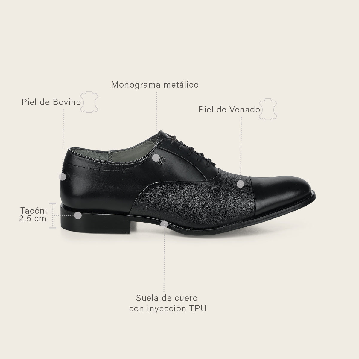 Zapato de vestir tipo Oxford en piel genuina de venado