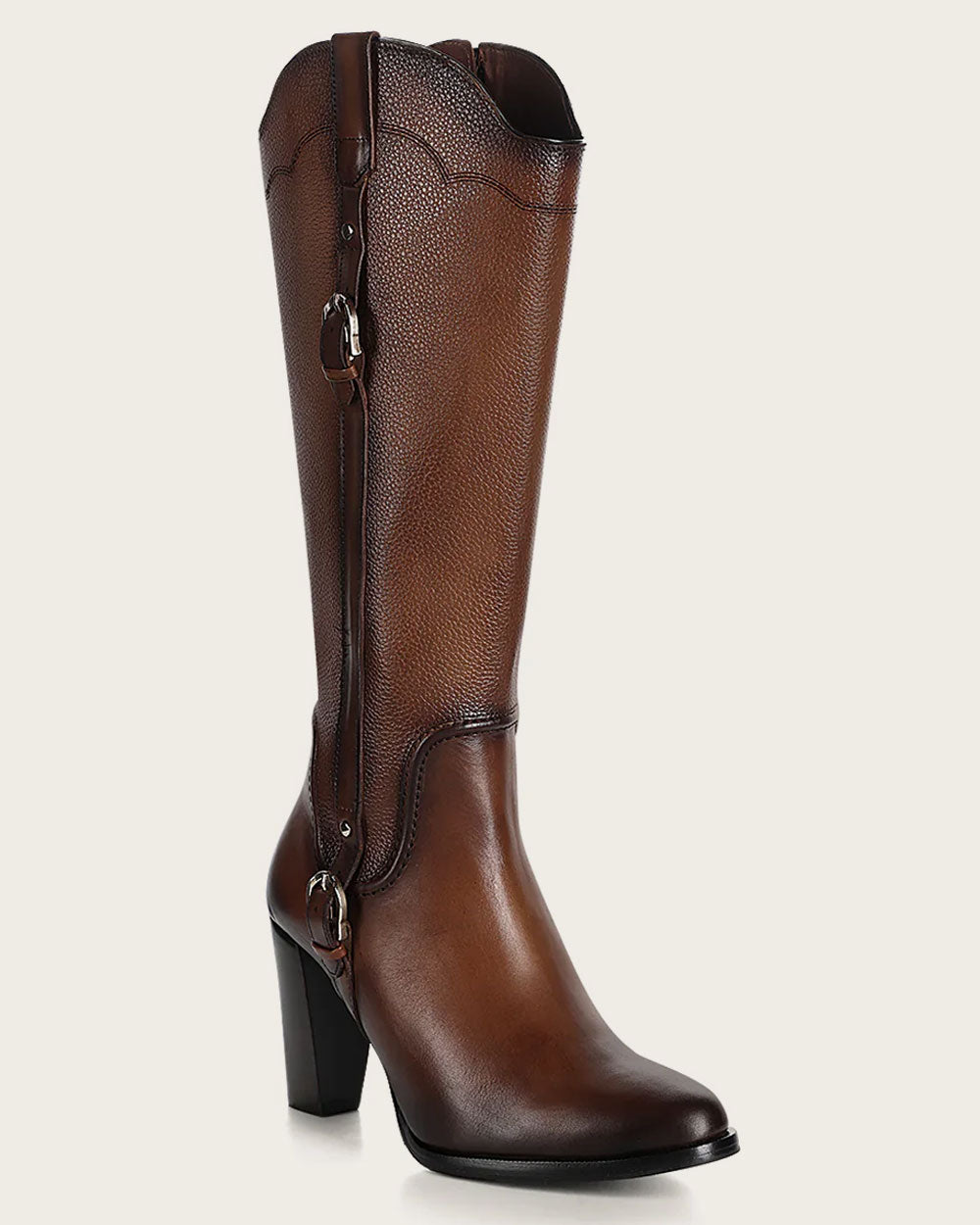 Bota alta de piel de becerro color avellana auténtica con detalle de correas