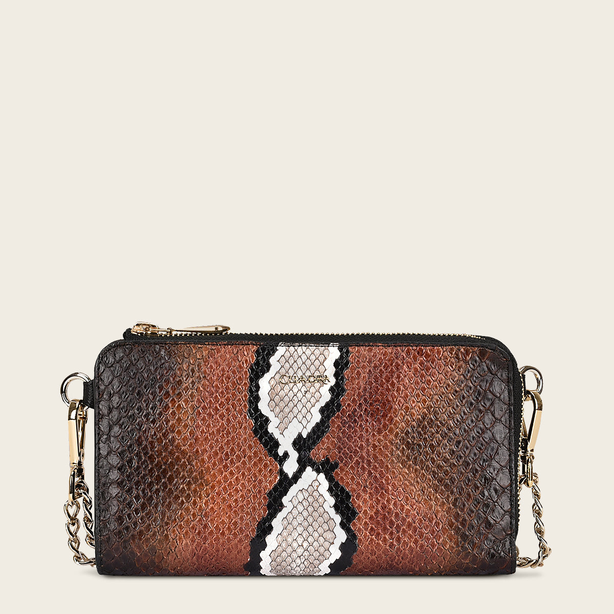 Cartera de mano para mujer de piel de pitón marrón con correa de cadena