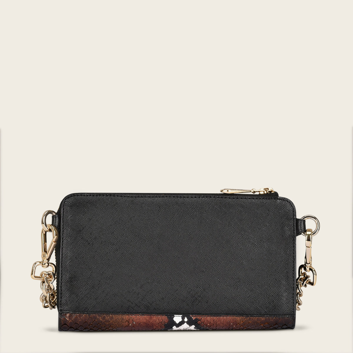 Cartera de mano para mujer de piel de pitón marrón con correa de cadena
