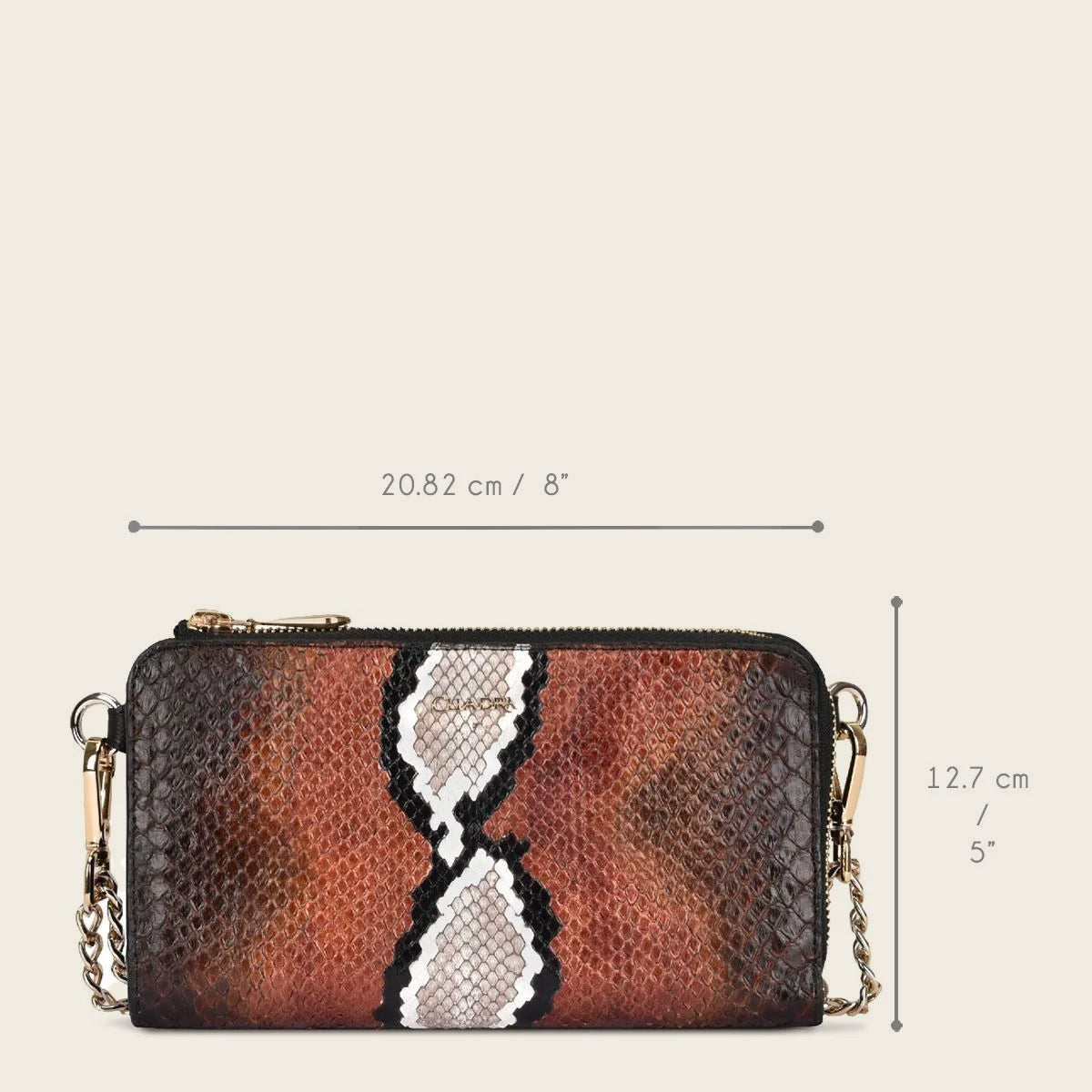 Cartera de mano para mujer de piel de pitón marrón con correa de cadena