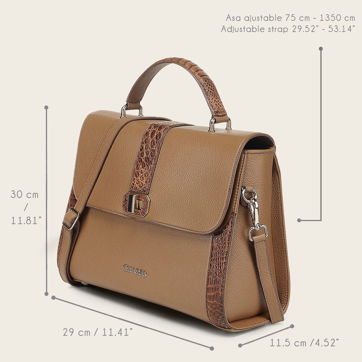 Bolso satchel en piel genuina de alligátor para dama