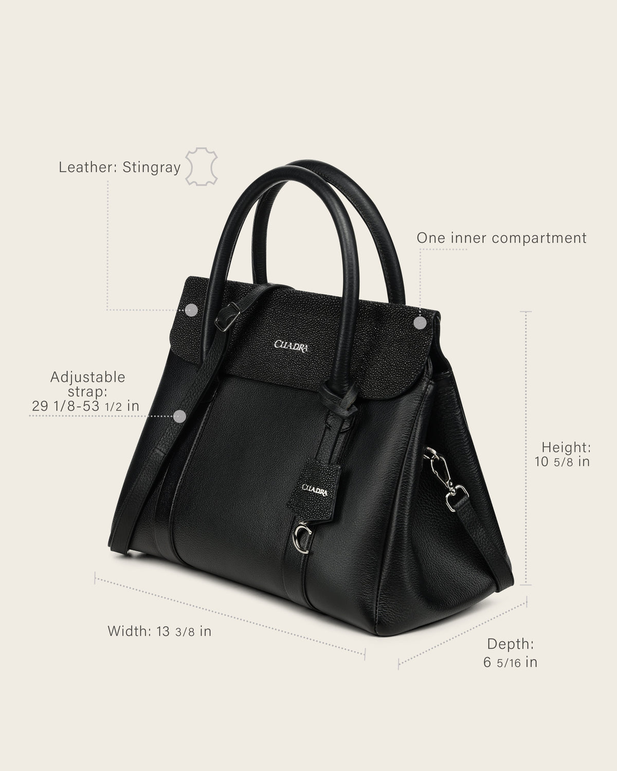 Bolso tipo satchel negro para mujer en auténtica piel de mantarraya