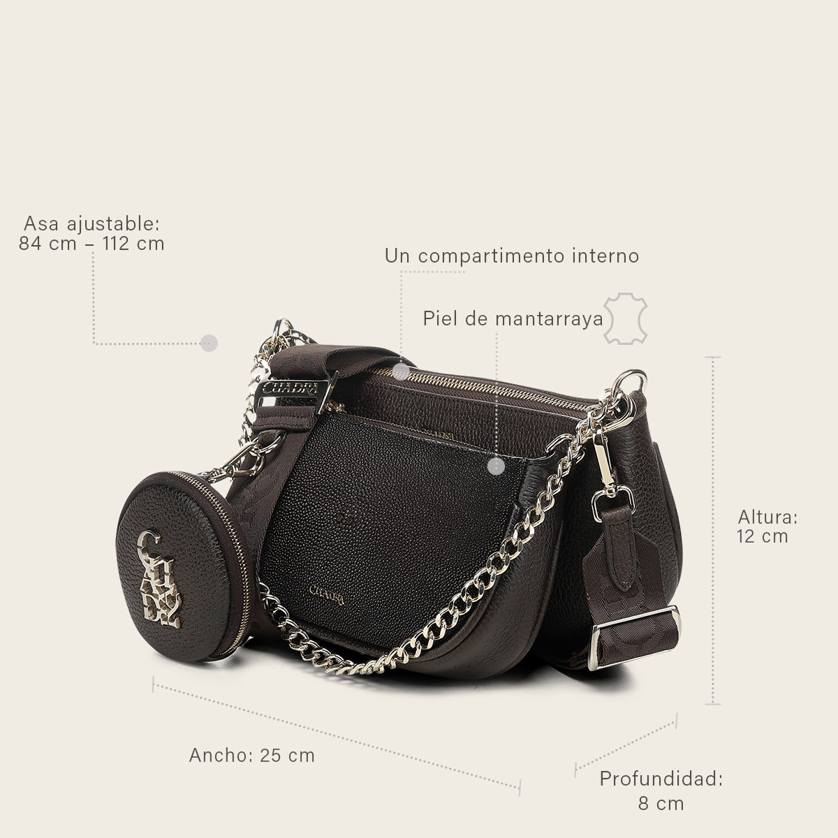 Crossbody en piel genuina de mantarraya para dama