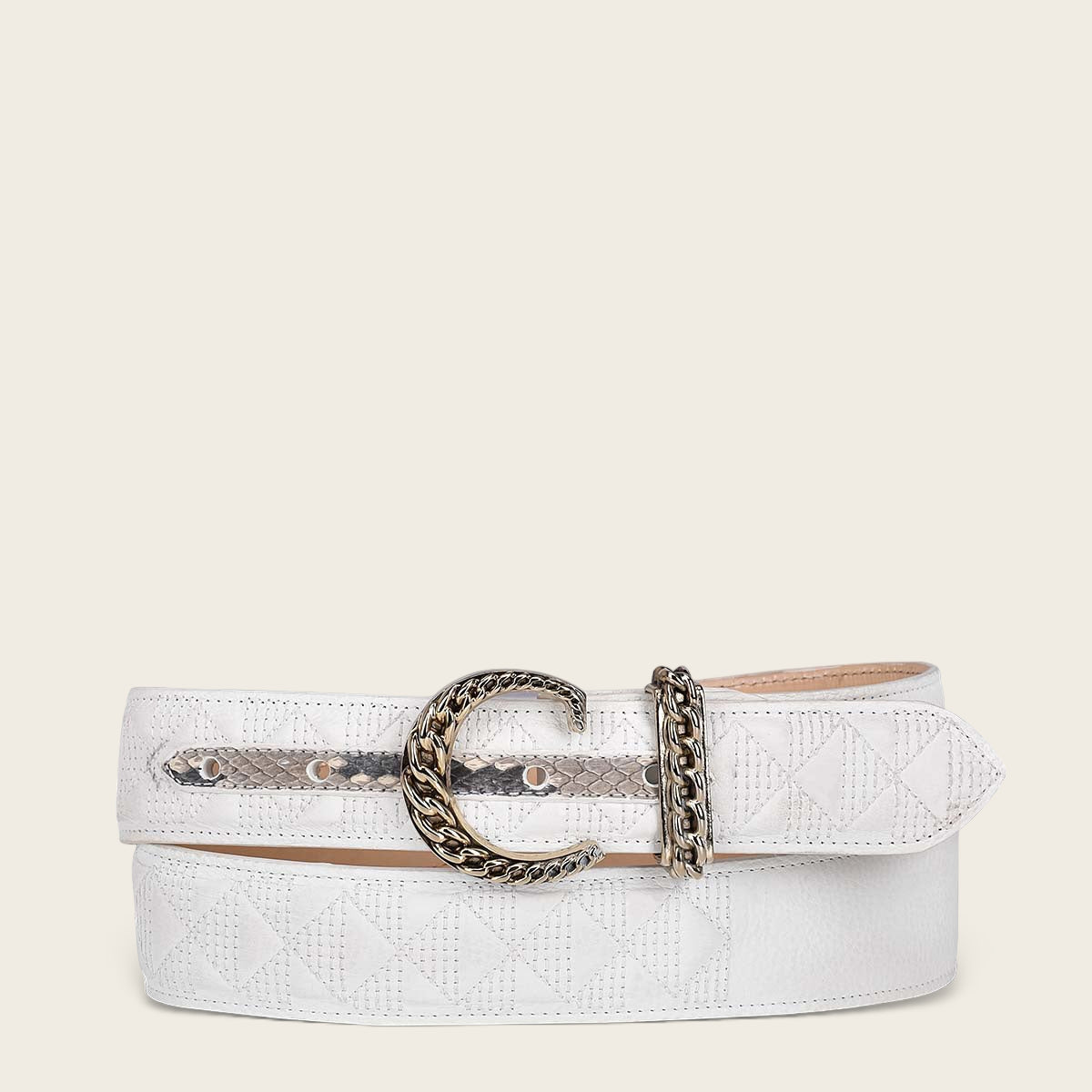 Cinturón Cuadra para mujer de piel de vacuno, estilo casual y moderno, en color blanco.