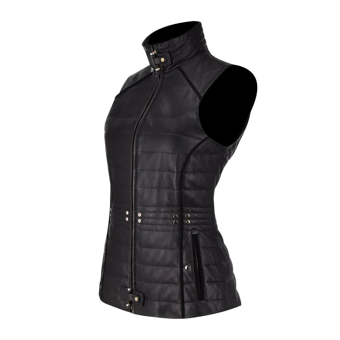 Chaleco de mujer estilo western en color negro, de suave piel de cordero