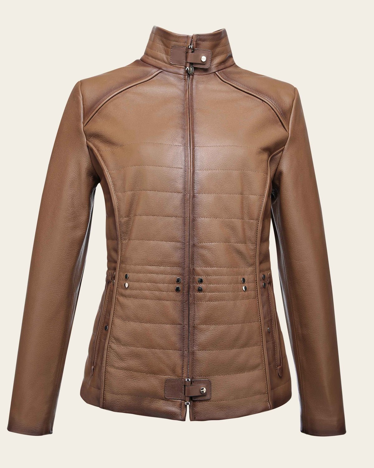 Women's Genuine Ovine Leather Quilted Jacket with Stand Collar