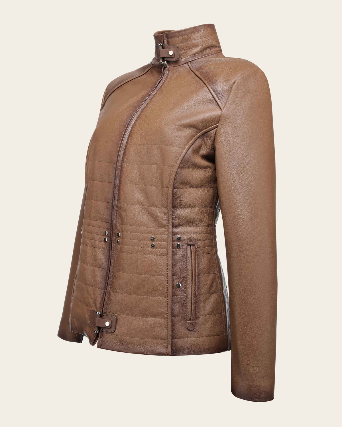 Women's Genuine Ovine Leather Quilted Jacket with Stand Collar