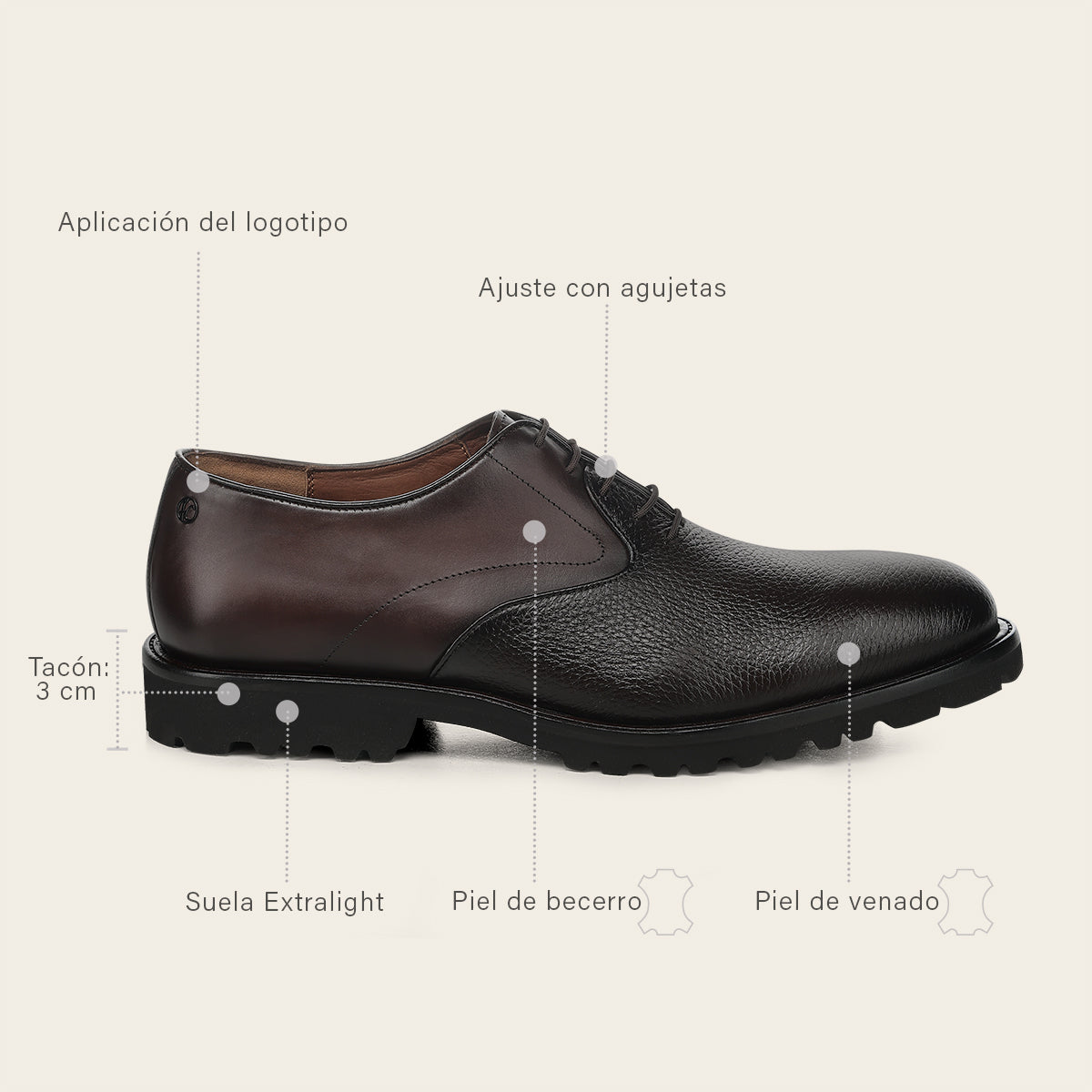 Zapato de vestir tipo Oxford en piel genuina de venado