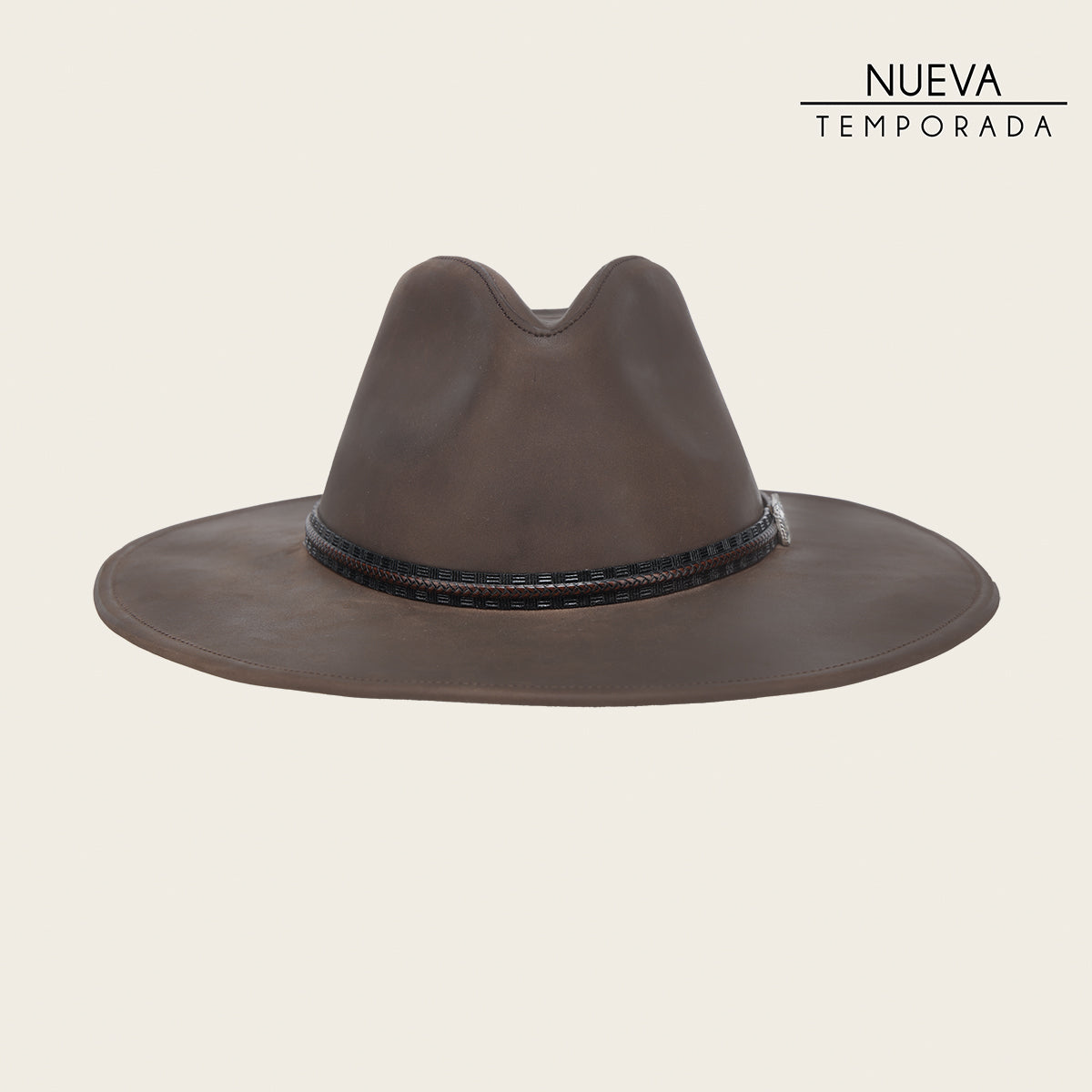 Sombrero Dexter marrón de auténtica piel bovina hecho a mano con banda grabada