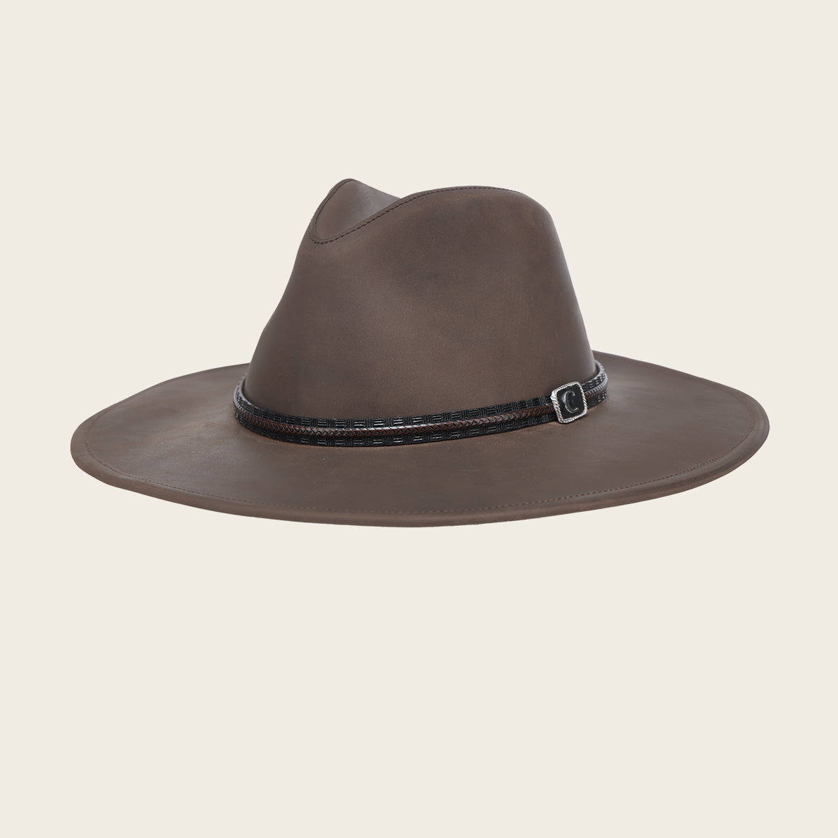 Sombrero Dexter marrón de auténtica piel bovina hecho a mano con banda grabada