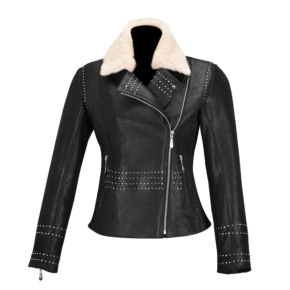 Cuadra - Cazadora cuadrada de piel de cordero a la moda western NEGRO para mujer