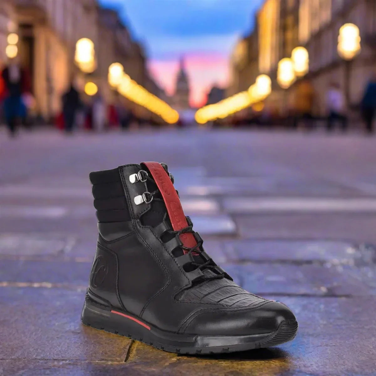 Snicker botin de piel genuina de caiman color negro